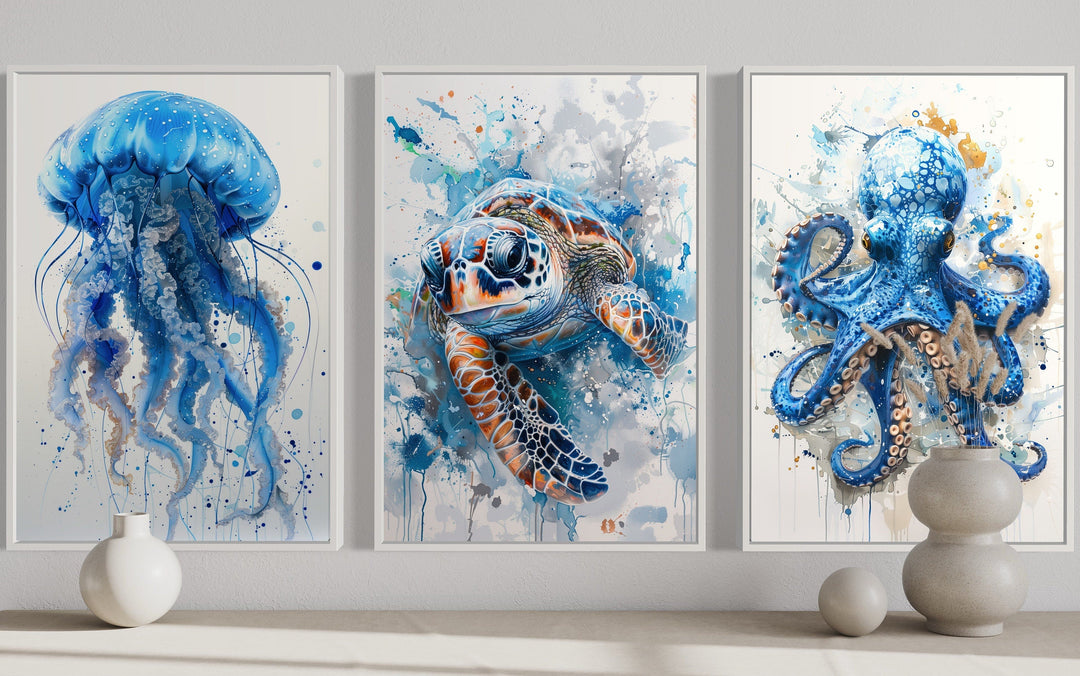 3 Piece Marine Animals Octopus, Sea Turtle, Jellyfish Beach House Wall Art