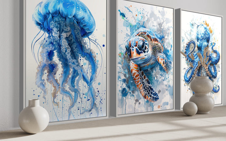 3 Piece Marine Animals Octopus, Sea Turtle, Jellyfish Beach House Wall Art