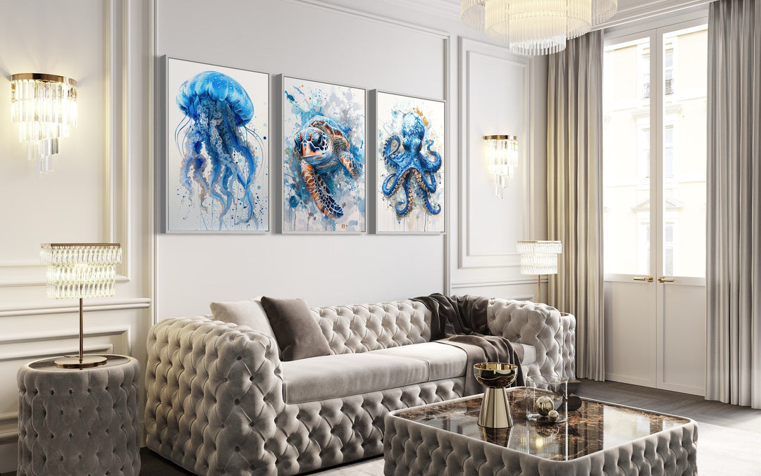 3 Piece Marine Animals Octopus, Sea Turtle, Jellyfish Beach House Wall Art