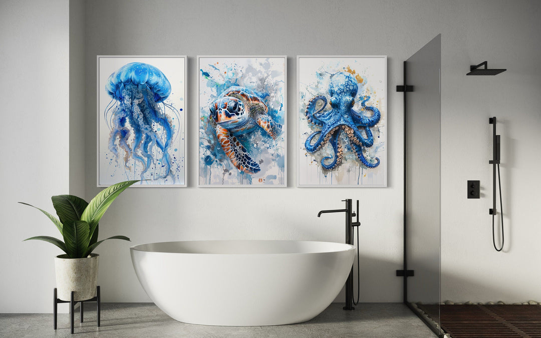 3 Piece Marine Animals Octopus, Sea Turtle, Jellyfish Beach House Wall Art