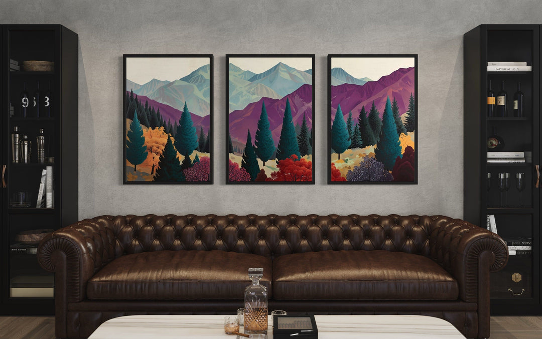 3 Piece Mid Century Abstract Purple Mountain Landscape Framed Canvas Wall Art