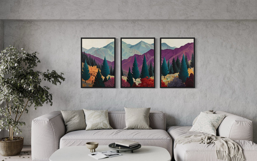 3 Piece Mid Century Abstract Purple Mountain Landscape Framed Canvas Wall Art