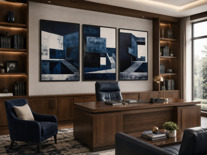 3 piece mid-century modern navy blue architectural wall art set displayed in a home office.