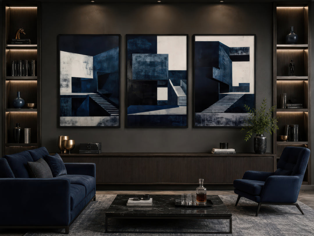 3 piece mid century modern navy blue architectural wall art set displayed above a dark wood console.