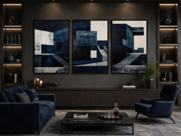 3 piece mid century modern navy blue architectural wall art set displayed above a dark wood console.