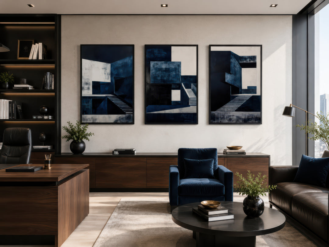 Three-piece mid-century modern navy blue architectural wall art set in a sophisticated office.