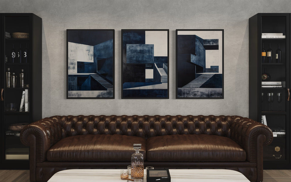 3 Piece Mid Century Modern Navy Blue Architectural Wall Art