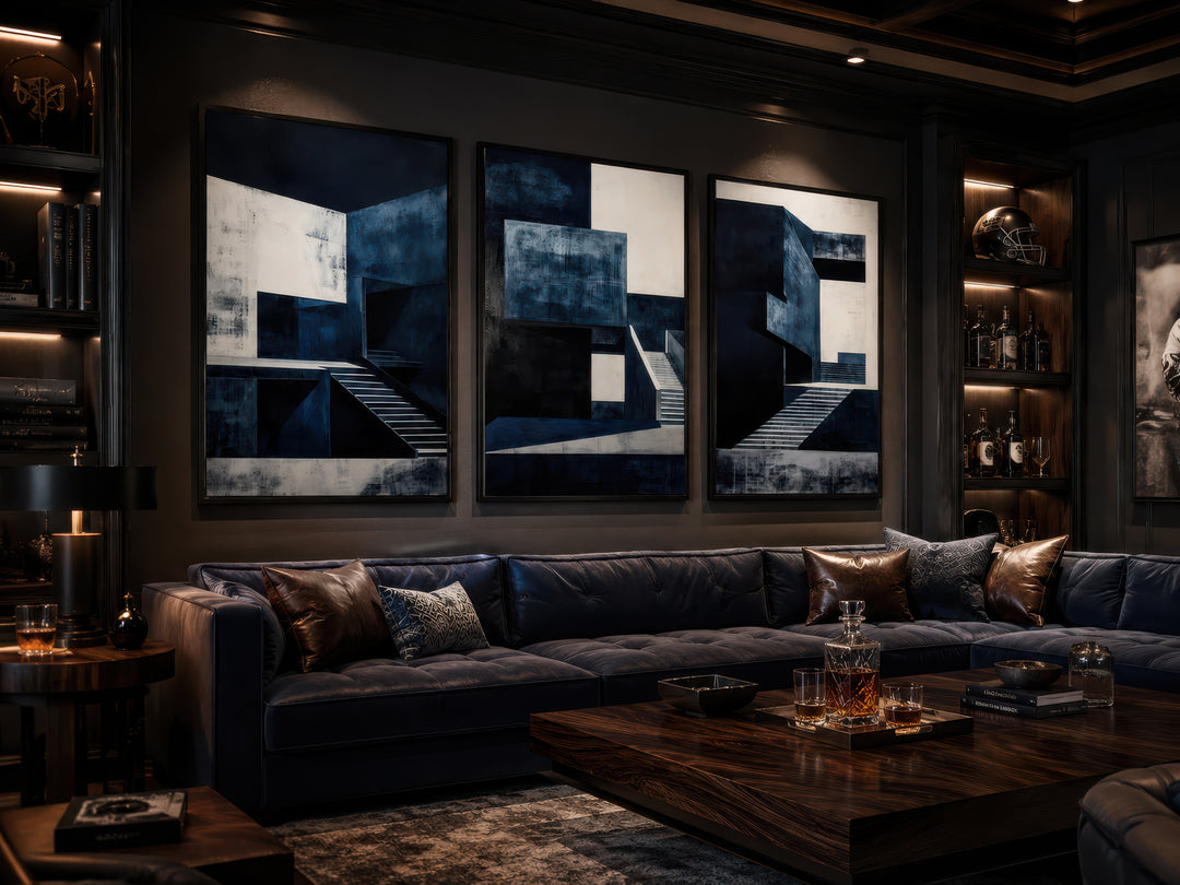 3 piece mid century modern navy blue architectural wall art set displayed above a sofa.