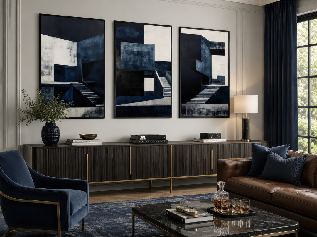3 piece mid century modern navy blue architectural wall art set above a dark wood sideboard.