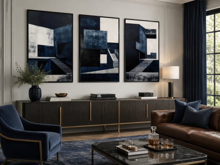 3 piece mid century modern navy blue architectural wall art set above a dark wood sideboard.