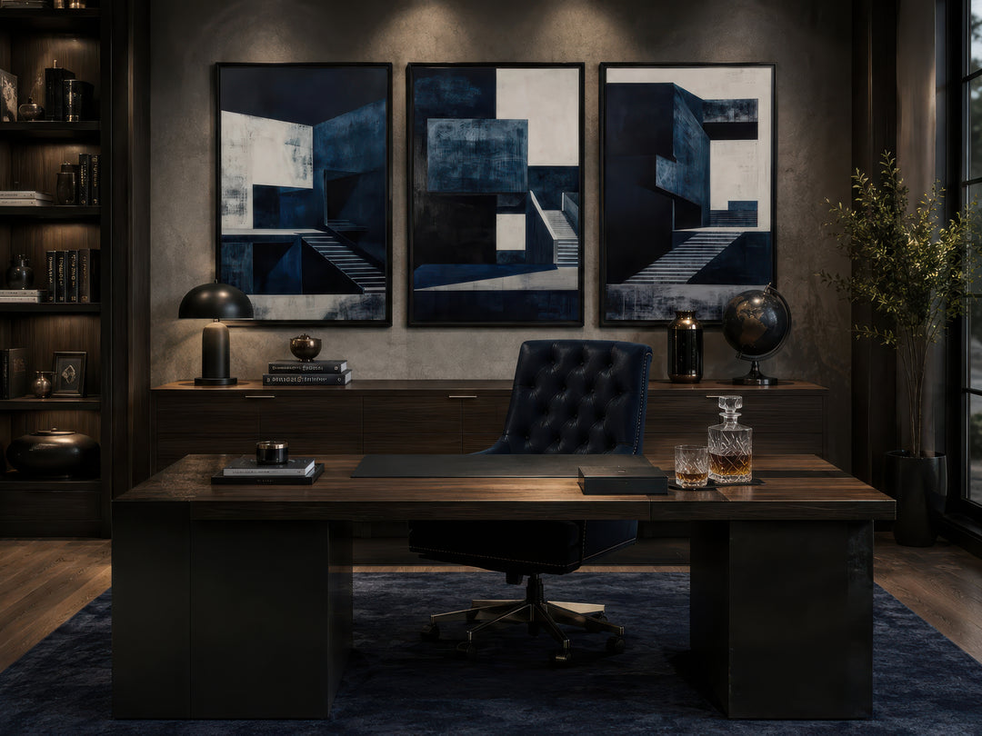 Three-piece navy blue mid-century modern architectural wall art displayed in a dark office setting.