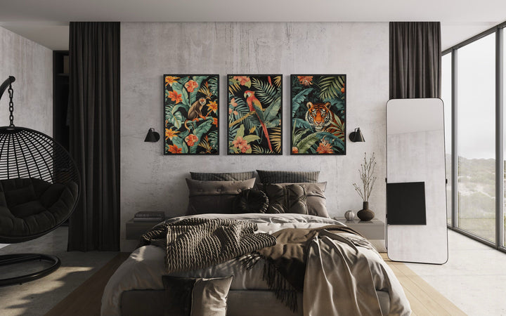 3 Piece Mid Century Modern Tropical Jungle Animals Tiger, Monkey, Parrot Canvas Wall Art