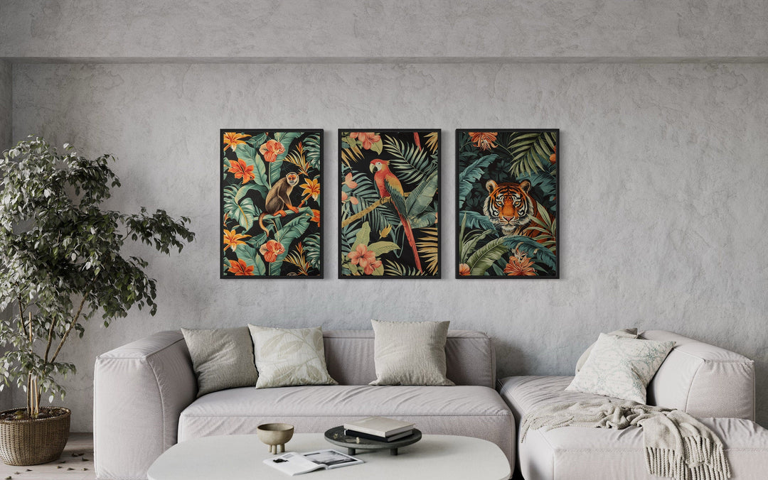 3 Piece Mid Century Modern Tropical Jungle Animals Tiger, Monkey, Parrot Canvas Wall Art