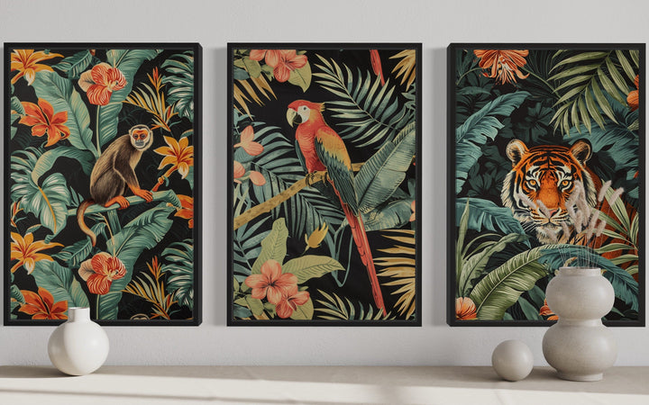 3 Piece Mid Century Modern Tropical Jungle Animals Tiger, Monkey, Parrot Canvas Wall Art