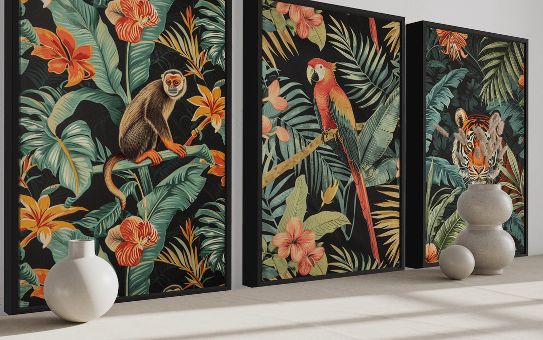 3 Piece Mid Century Modern Tropical Jungle Animals Tiger, Monkey, Parrot Canvas Wall Art