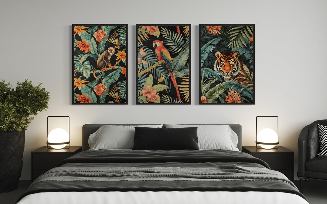 3 Piece Mid Century Modern Tropical Jungle Animals Tiger, Monkey, Parrot Canvas Wall Art