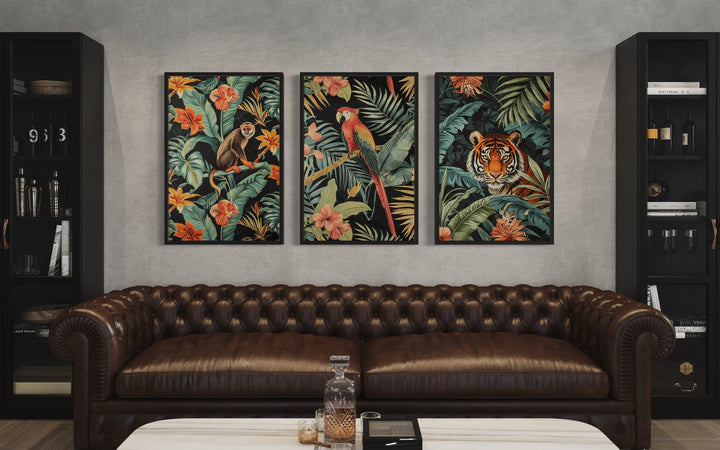 3 Piece Mid Century Modern Tropical Jungle Animals Tiger, Monkey, Parrot Canvas Wall Art