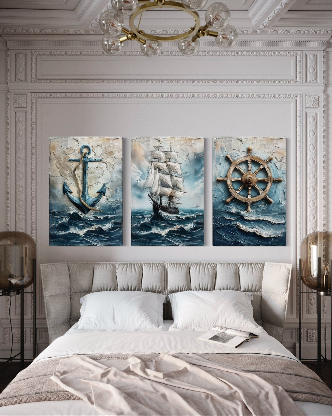 3 Piece Nautical Paintings Of Sail Ship, Helm Wheel and Anchor Wall Art