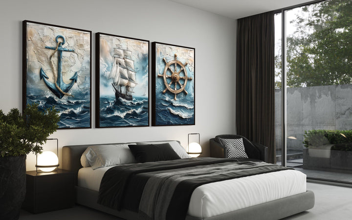 3 Piece Nautical Paintings Of Sail Ship, Helm Wheel and Anchor Wall Art