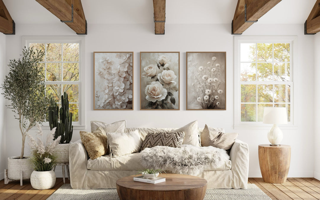 3 Piece Neutral Boho Floral Farmhouse Framed Canvas Wall Art