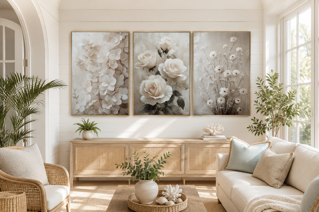 Three-piece neutral floral framed canvas wall art set hanging above a wooden sideboard.