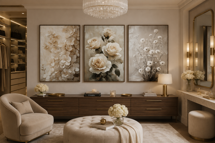 Set of 3 framed canvas wall art featuring neutral beige floral paintings above a wooden dresser.