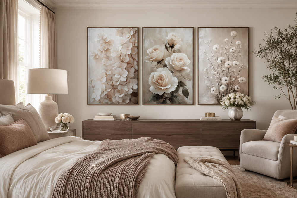 Three-piece framed canvas wall art set featuring neutral beige floral paintings above a dresser.