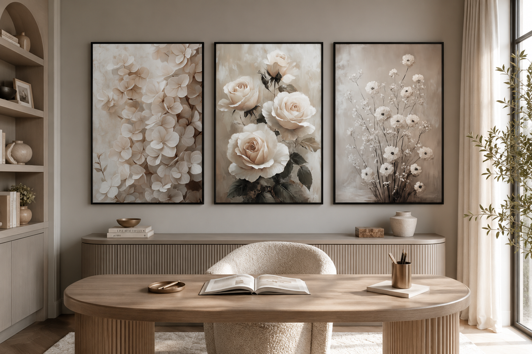 3 piece neutral boho floral framed canvas wall art set with beige roses and wildflowers.