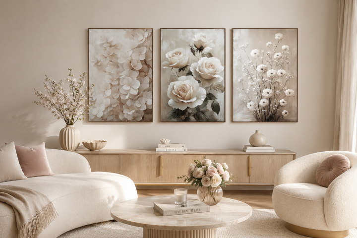 Three-piece framed canvas wall art set featuring neutral beige floral paintings in a living room.