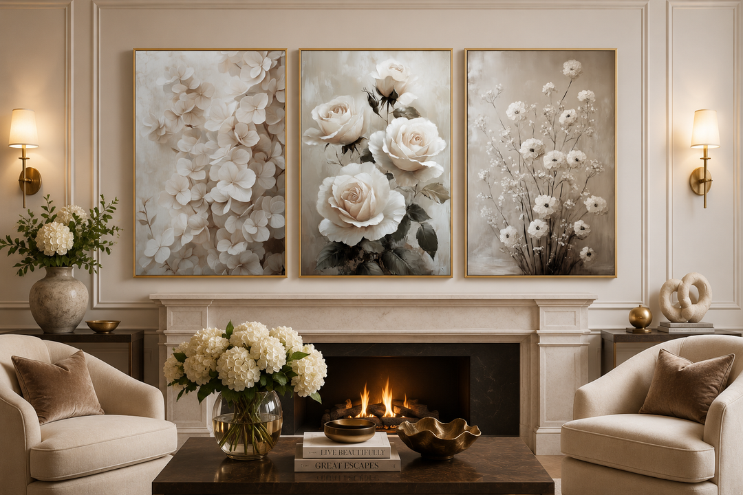 3 piece neutral boho floral framed canvas wall art set displayed above a fireplace in a living room.
