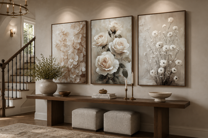 Three-piece framed canvas wall art set featuring neutral floral designs in a farmhouse living room.