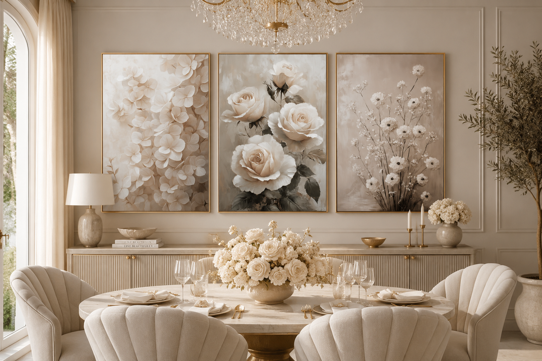 Set of 3 framed canvas wall art featuring neutral beige floral paintings in a dining room setting.
