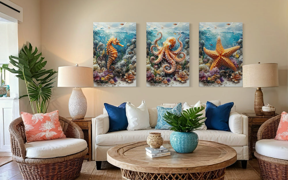 3 Piece Octopus, Seahorse And Starfish Framed Canvas Wall Art For Beach House