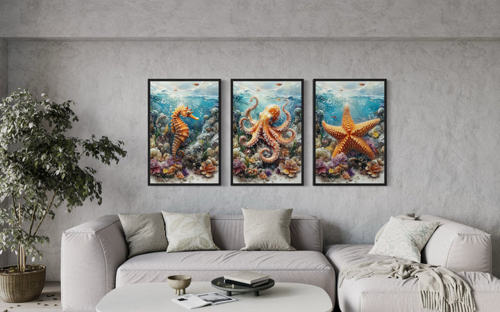 3 Piece Octopus, Seahorse And Starfish Framed Canvas Wall Art For Beach House