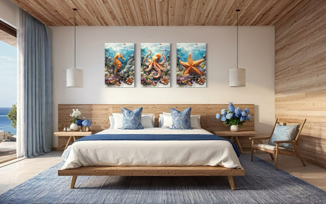 3 Piece Octopus, Seahorse And Starfish Framed Canvas Wall Art For Beach House