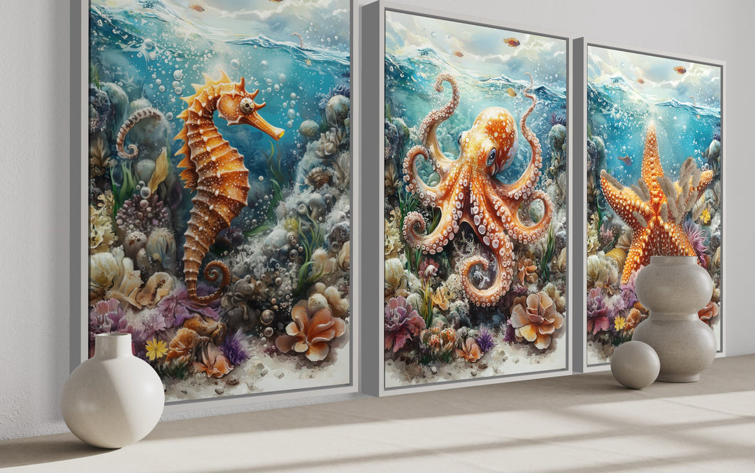 3 Piece Octopus, Seahorse And Starfish Framed Canvas Wall Art For Beach House