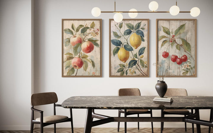 3 Piece Rustic Fruit Wall Art Prints - Apple, Lemon, Cherry For Kitchen or Dining Room Decor