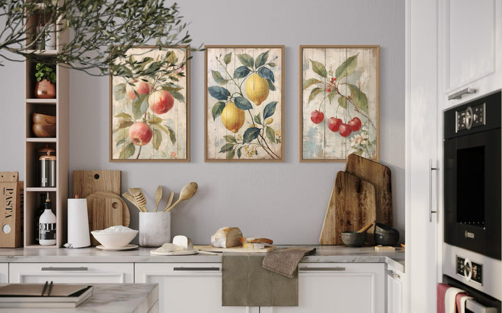 3 Piece Rustic Fruit Wall Art Prints - Apple, Lemon, Cherry For Kitchen or Dining Room Decor