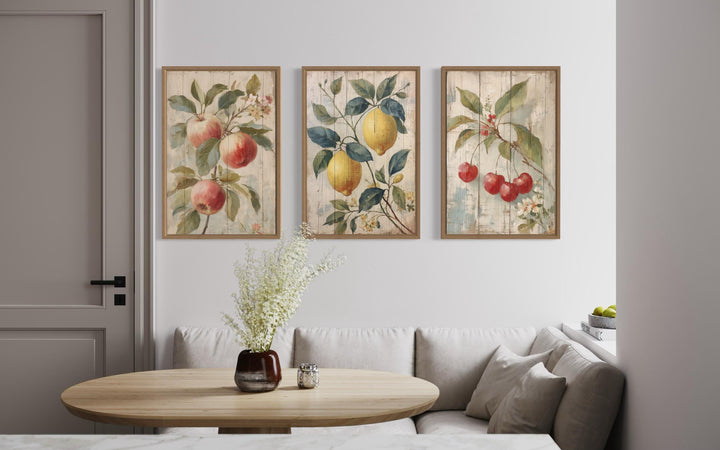 3 Piece Rustic Fruit Wall Art Prints - Apple, Lemon, Cherry For Kitchen or Dining Room Decor