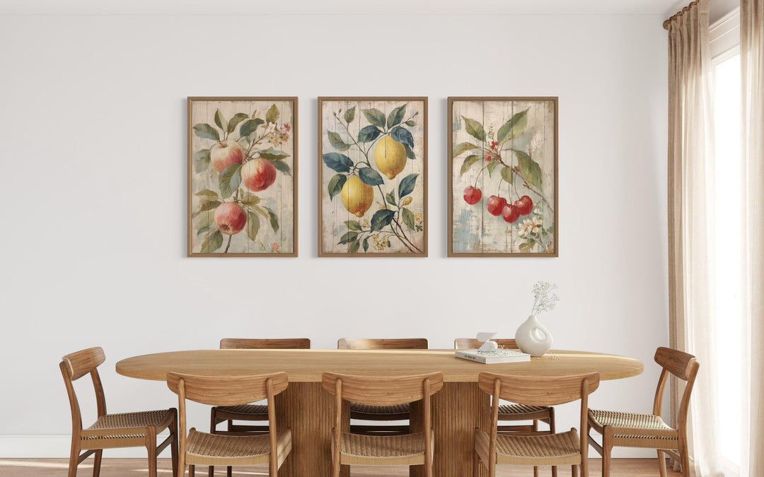 3 Piece Rustic Fruit Wall Art Prints - Apple, Lemon, Cherry For Kitchen or Dining Room Decor