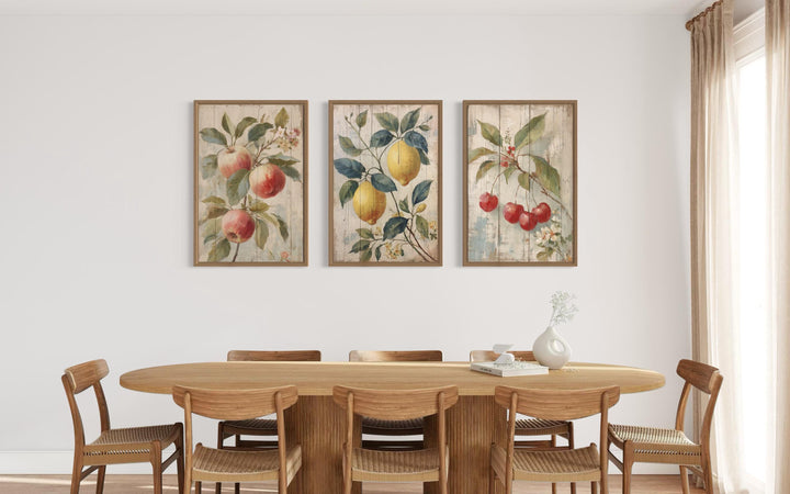 3 Piece Rustic Fruit Wall Art Prints - Apple, Lemon, Cherry For Kitchen or Dining Room Decor