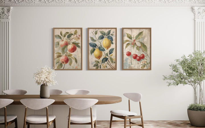 3 Piece Rustic Fruit Wall Art Prints - Apple, Lemon, Cherry For Kitchen or Dining Room Decor