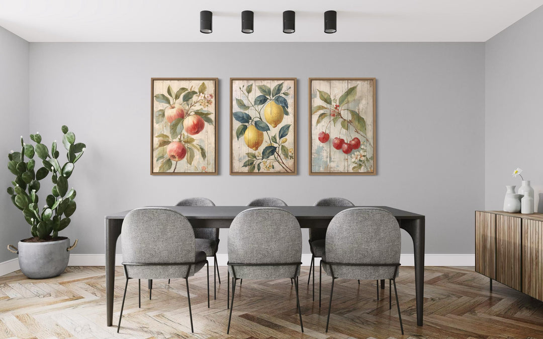3 Piece Rustic Fruit Wall Art Prints - Apple, Lemon, Cherry For Kitchen or Dining Room Decor