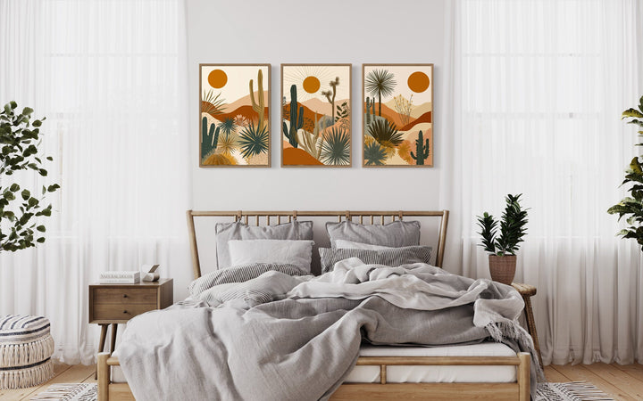 3 Piece Set Mid Century Modern Desert Cactus Sun Framed Canvas Wall Art