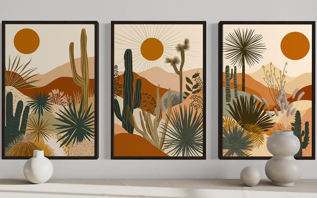 3-piece mid-century modern framed canvas art set featuring desert cacti, hills, and an orange sun.