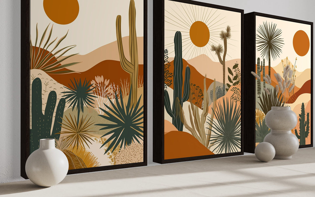 3-piece mid-century modern framed canvas art set featuring desert cacti, hills, and an orange sun.