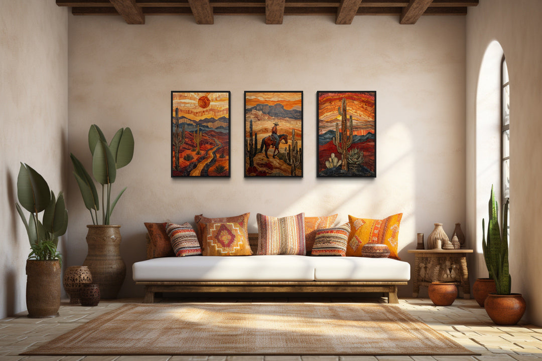 3 Piece Southwestern Canvas Wall Art With Cowboy, Saguaro Cactus and Arizona Desert in a living room with a couch