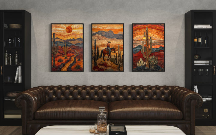 3 Piece Southwestern Canvas Wall Art With Cowboy, Saguaro Cactus and Arizona Desert in a living room filled with furniture