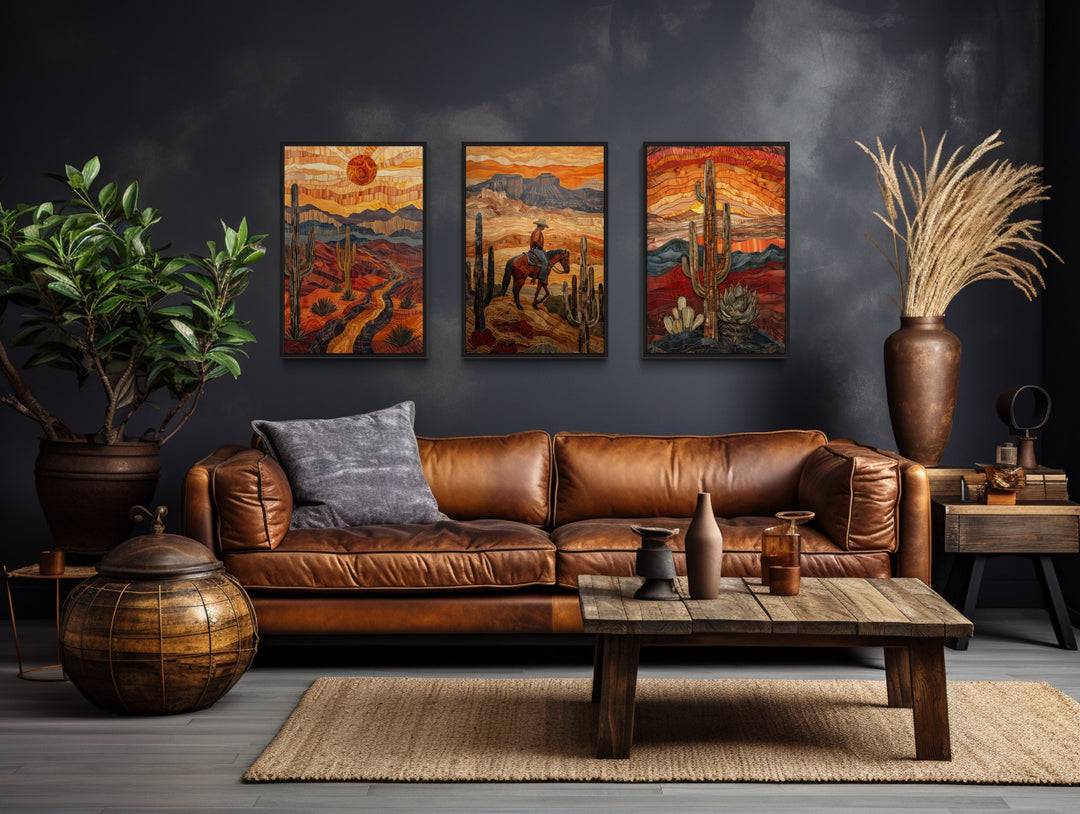 3 Piece Southwestern Canvas Wall Art With Cowboy, Saguaro Cactus and Arizona Desert