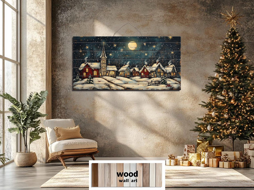 Rustic Christmas Moonlit Village Distressed Wood Wall Art